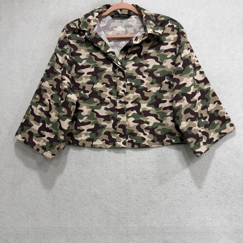 Zara Camo Shirt Skirt Set Womens XS Green Camouflage 2 Piece Military Utility - Picture 4 of 16